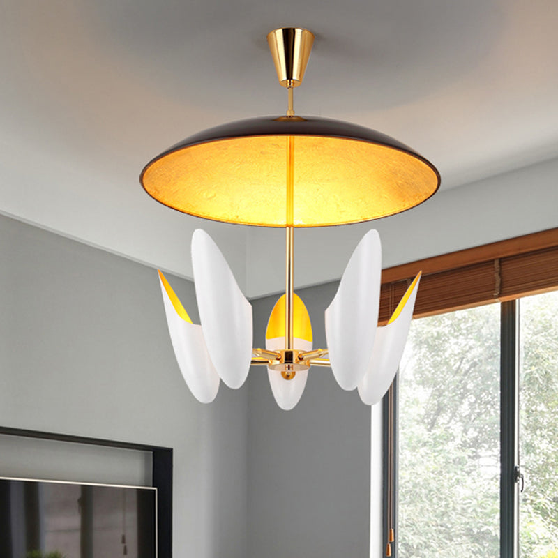 Plafonnier suspendu blanc moderne - Lustre à capsule en aluminium avec design chanfreiné, 5 têtes et dessus en forme de dôme noir