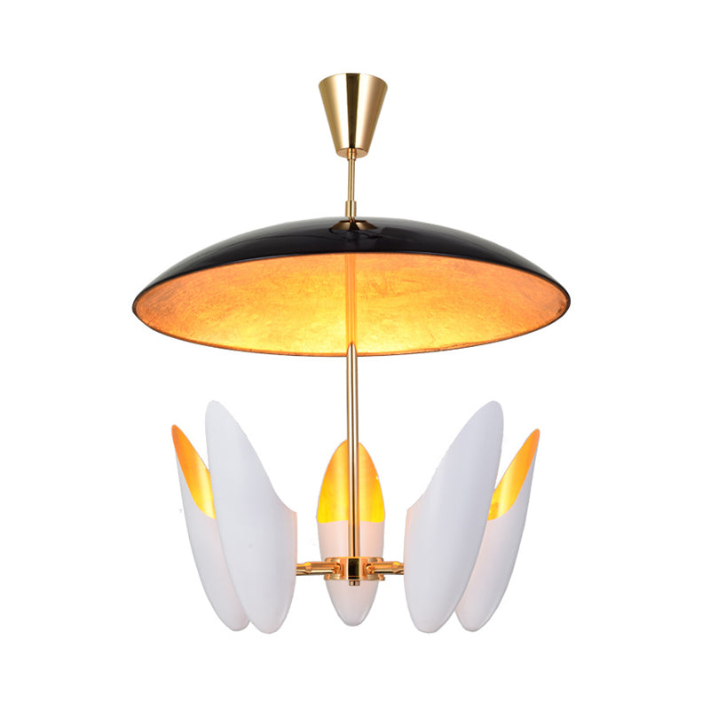Plafonnier suspendu blanc moderne - Lustre à capsule en aluminium avec design chanfreiné, 5 têtes et dessus en forme de dôme noir