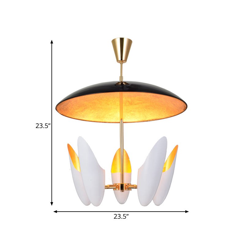 Plafonnier suspendu blanc moderne - Lustre à capsule en aluminium avec design chanfreiné, 5 têtes et dessus en forme de dôme noir