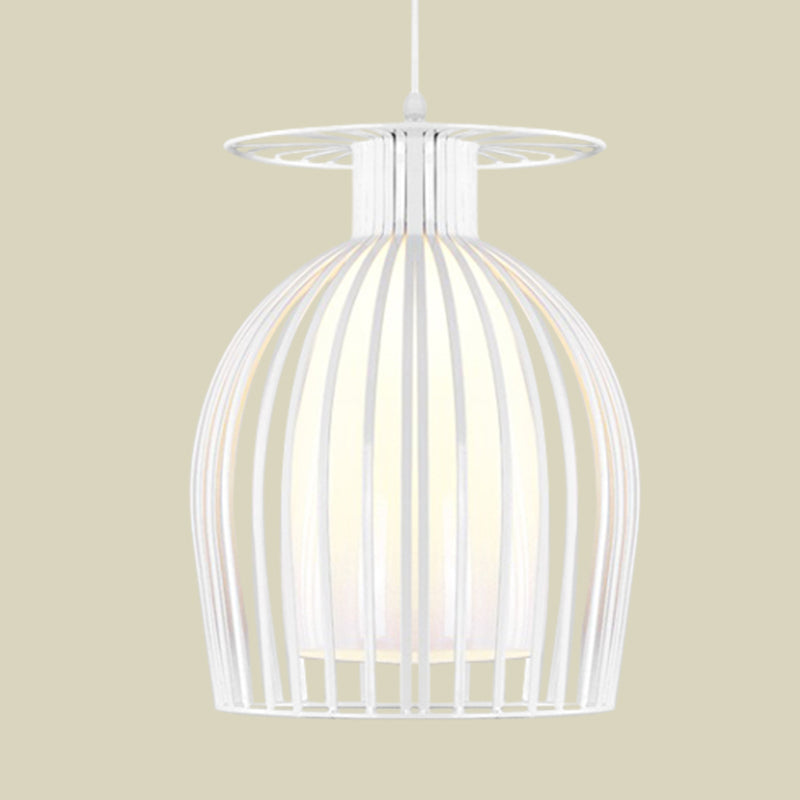 Modern Opal Glass Pendant Light with Iron Cage for Restaurant in White