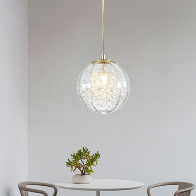 Modern Brass Pumpkin Ball Ceiling Light with Clear Glass - Single Bulb Suspended Pendant Lamp for Bedside