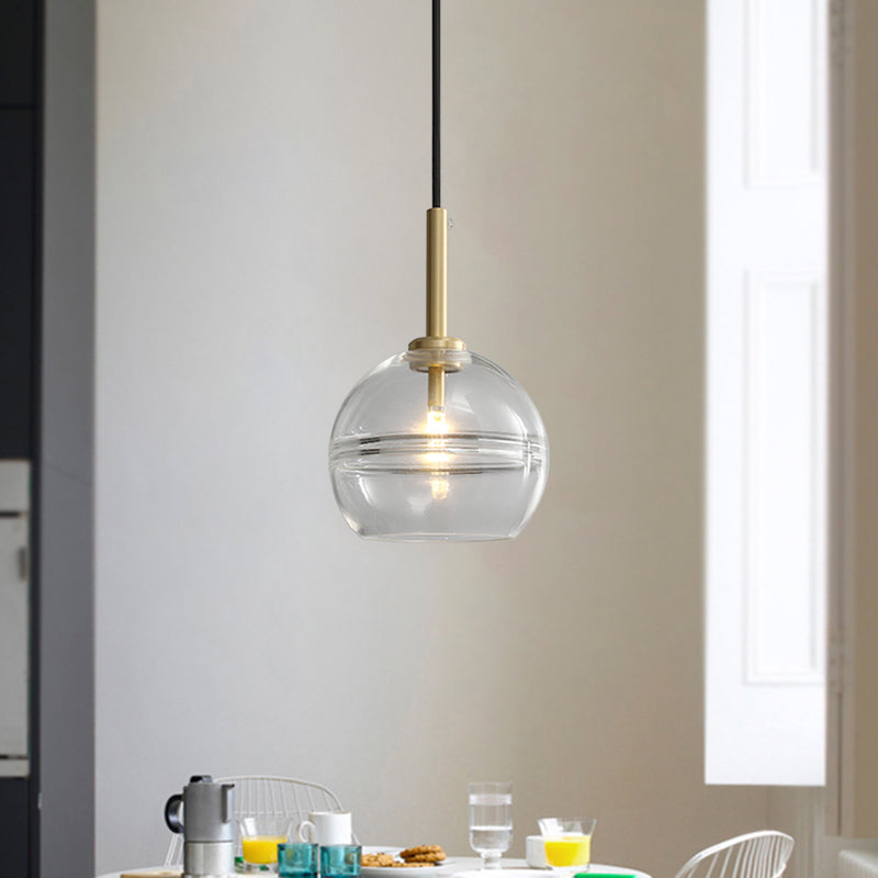 Modern Brass Pendant Lamp Kit with Clear/Smoke Gray Ruffle Glass Shade - 1 Light for Living Room