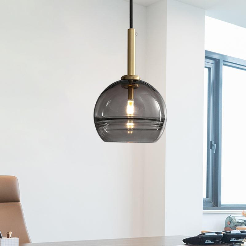 Modernist Brass Pendant Lamp With Clear/Smoke Gray Ruffle Glass Shade - 1 Light Living Room Hanging