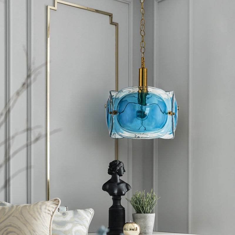 Modern Brass Pendant Lamp With Blue Water Glass Shade - Restaurant Ceiling Light Kit