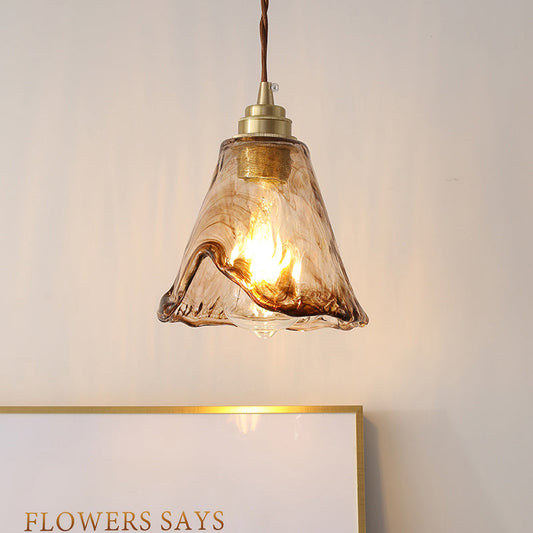 Modern Floral Ceiling Pendant Light - Amber Rippled Glass with Brass Finish