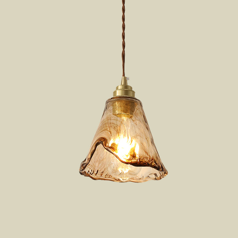 Modern Floral Ceiling Pendant Light - Amber Rippled Glass with Brass Finish