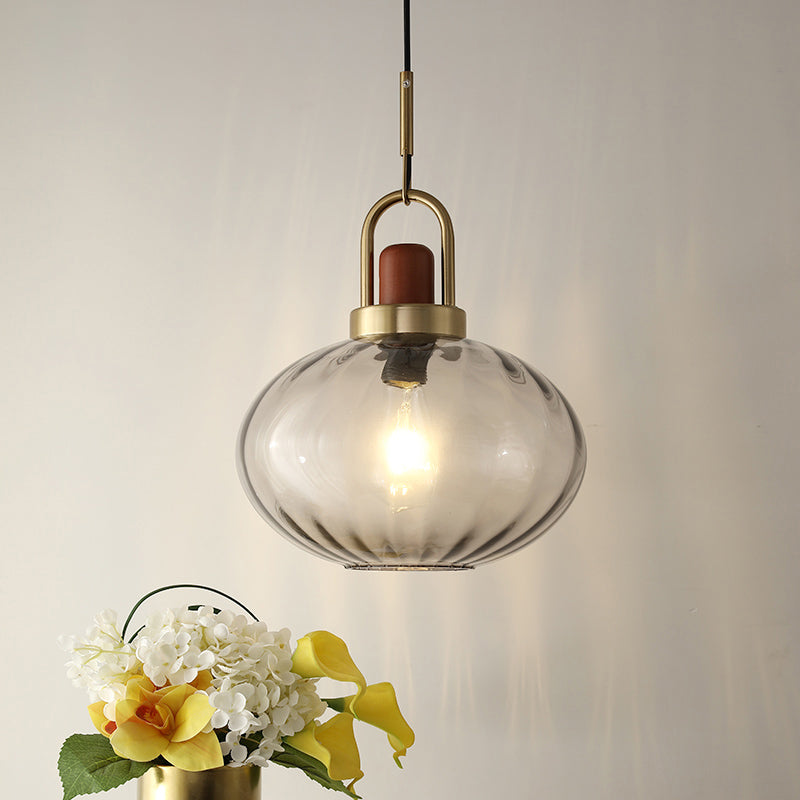 Simple Brown And Gold Bedroom Pendant Lamp With Smoke Gray Glass Shade