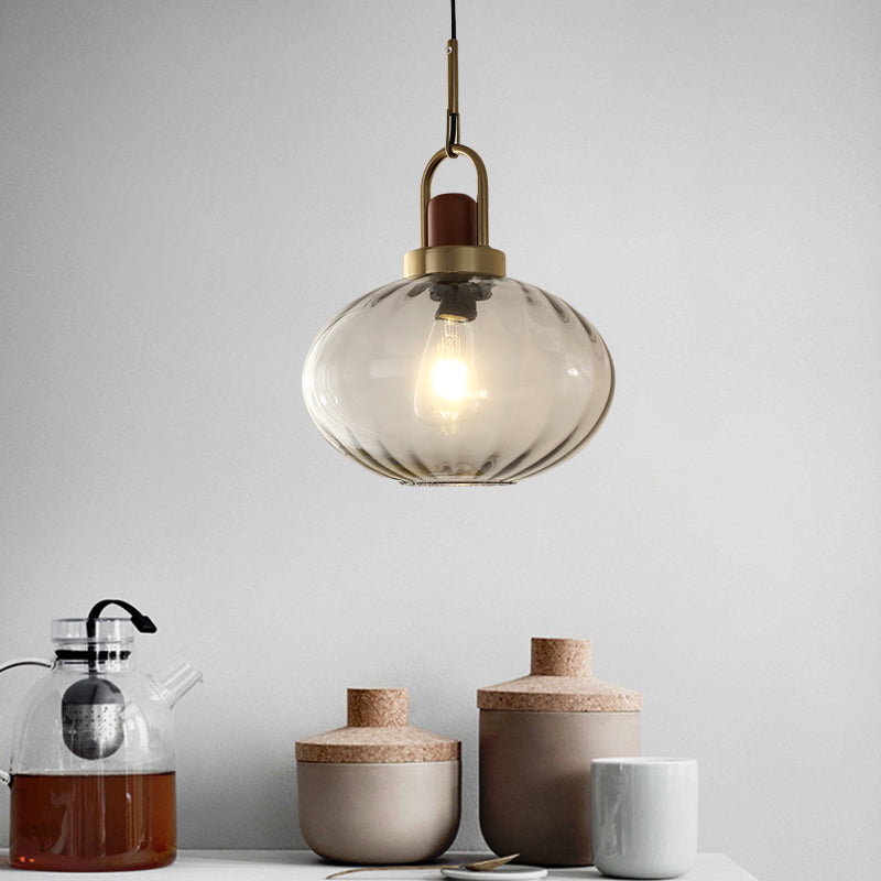 Simple Brown And Gold Bedroom Pendant Lamp With Smoke Gray Glass Shade
