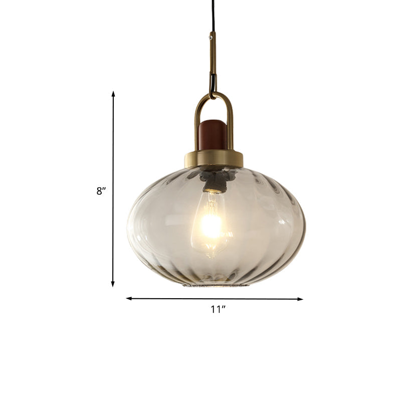 Simple Brown and Gold Bedroom Pendant Hanging Lamp with Oval Smoke Gray Water Glass Shade - 1 Light