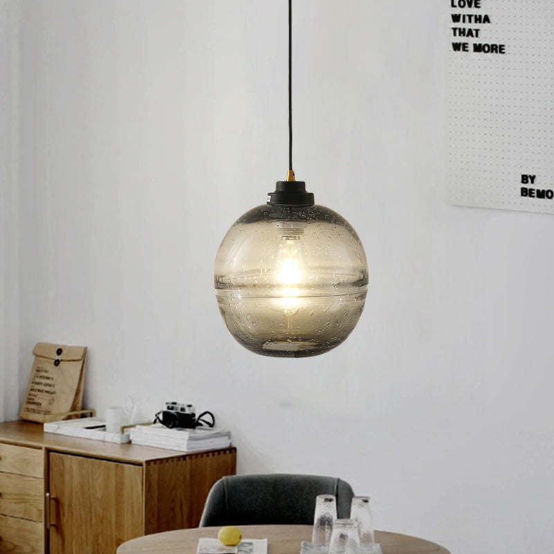 Modern Black Ball Suspension Light With Smoke Gray Bubble Glass Pendant