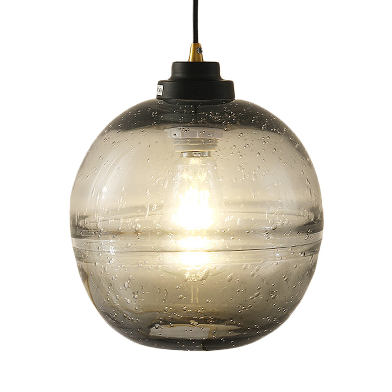 Modern Black Ball Pendant Light with Smoke Gray Bubble Glass - Single Head Suspension