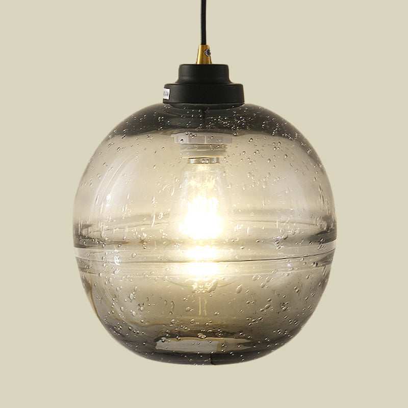 Modern Black Ball Pendant Light with Smoke Gray Bubble Glass - Single Head Suspension