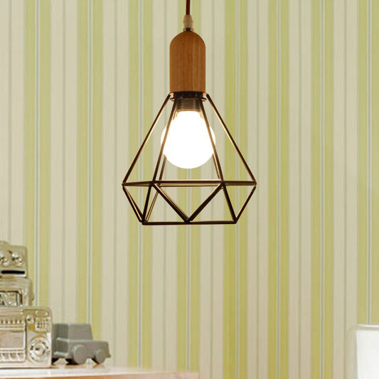 Industrial Metal and Wood Pendant Light with Cage Shade in Black - Saucer/Polygon/Diamond Shape