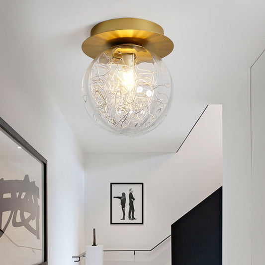 Modern Gold Pumpkin Ball Flush Light Fixture with Clear Glass Shade and Metal Line Inside