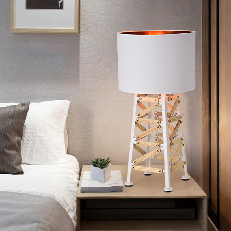 Modernist Tower Nightstand Lamp - 1 Head Metal Light In White/Black With Fabric Shade
