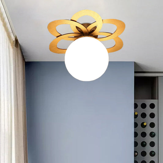 Frosted Glass Orb Ceiling Light with Modern Gold Flower Canopy