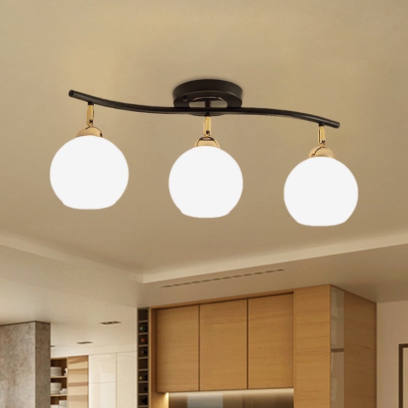 Wave Linear Iron Semi Flush Mount Minimalist Light Fixture with Opal Glass Shade - 3 Heads, White/Black