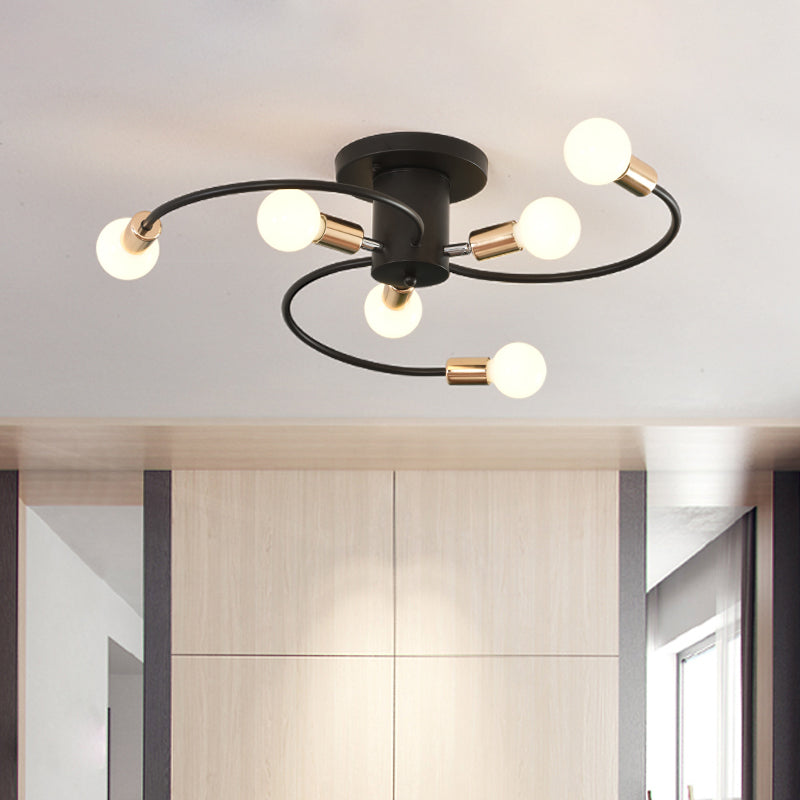 Modern Spiral Arm Semi Flush Lighting | 6-Bulb Black & Gold Ceiling Lamp