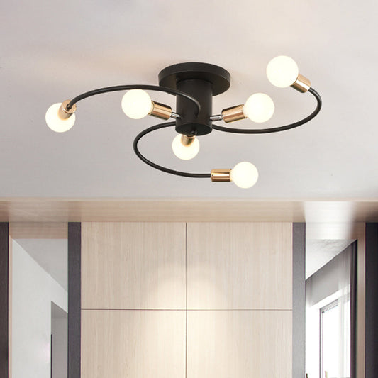 Modern Spiral Arm Semi Flush Lighting | 6-Bulb Black & Gold Ceiling Lamp