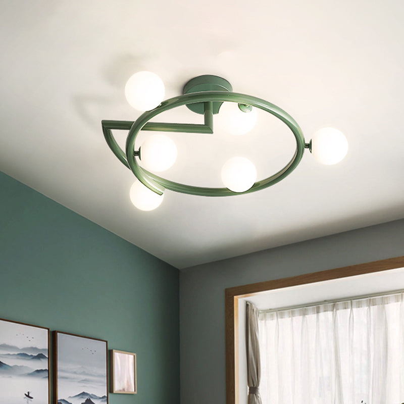 Sleek Metal Halo Ring Semi Flush Lighting - 5 LED Lights in Green for Bedroom