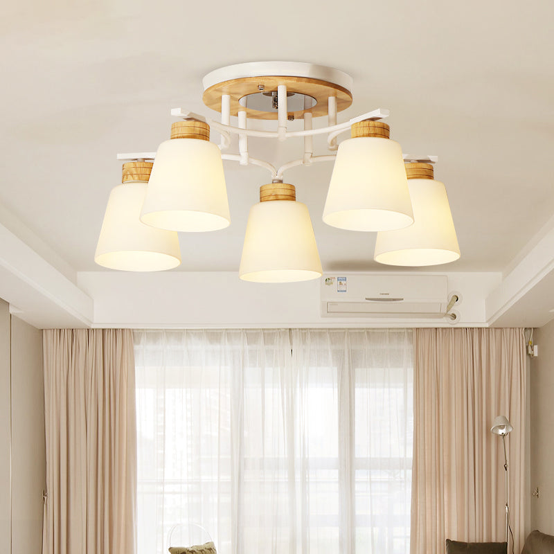 Plafonnier moderne en bois blanc avec verre crème - 3/5 têtes