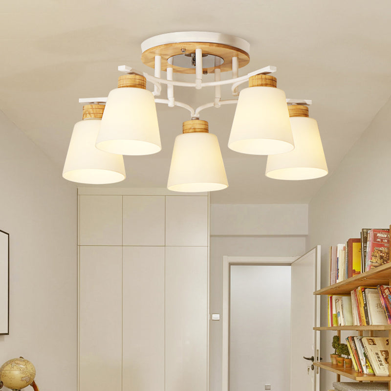 Plafonnier moderne en bois blanc avec verre crème - 3/5 têtes