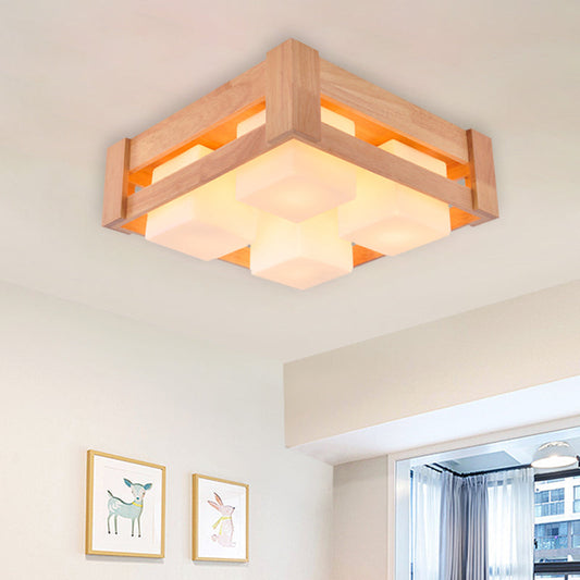 Modern White Glass Square Flushmount LED Lamp with Wood Accents for Living Room