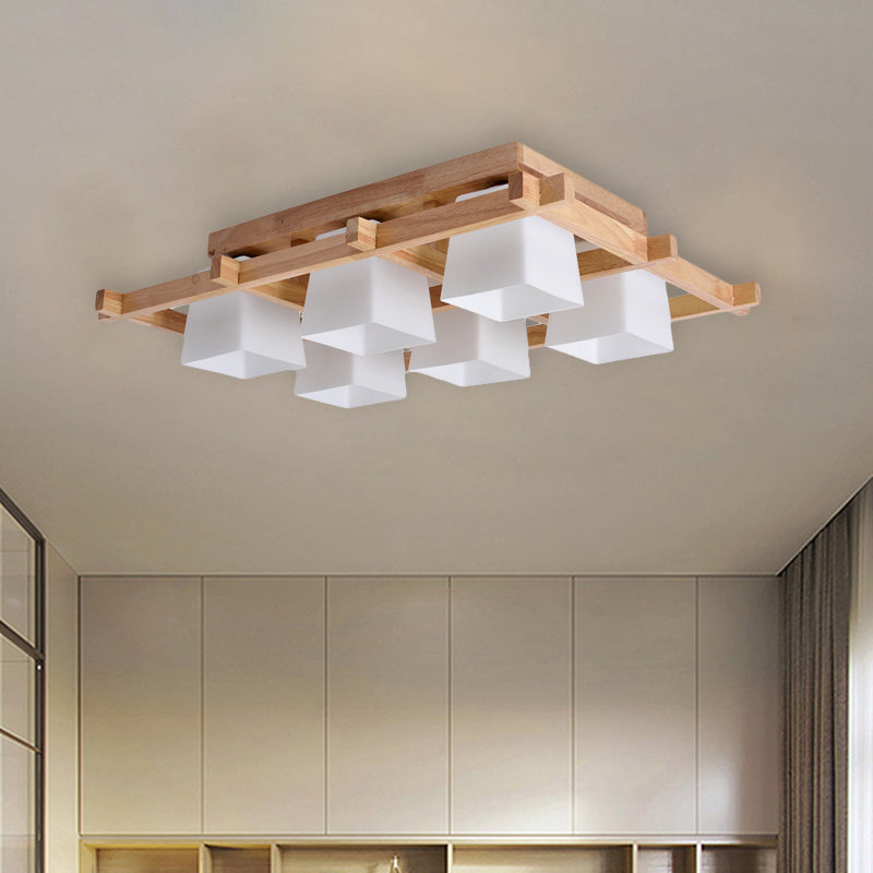 Trapezoid Glass Flush Light: Japanese 4/6-Bulb Ceiling Fixture with Wood Grid Frame