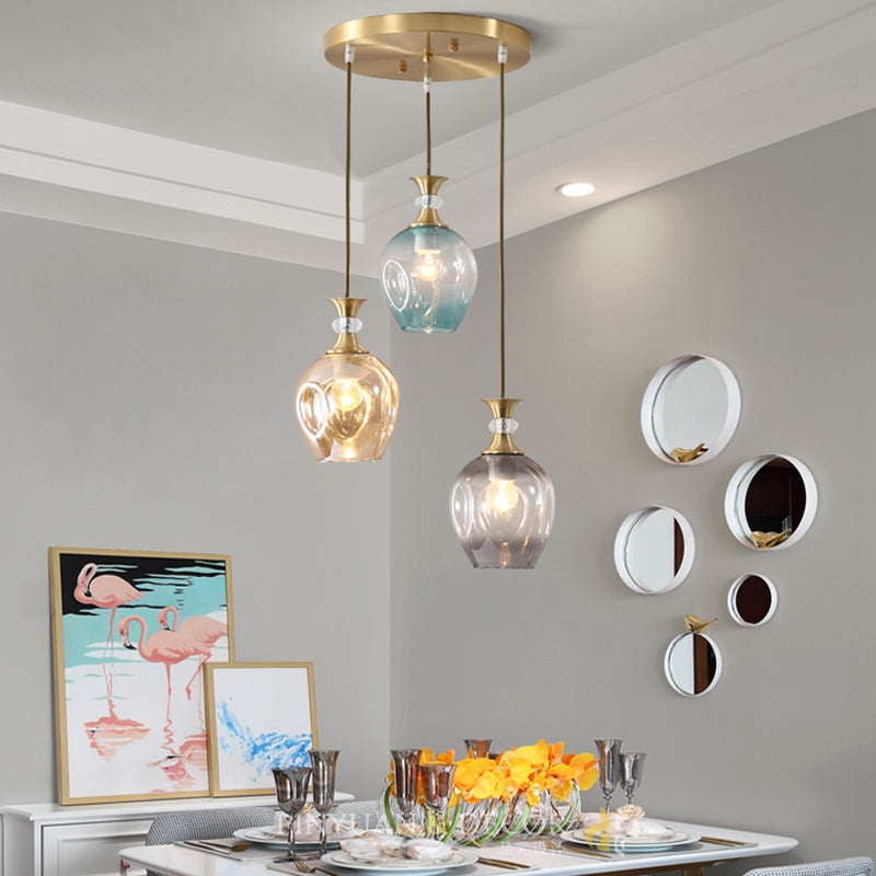 Modernist Gold Tulips Pendant Light with 3 Tan-Blue-Grey Dimpled Glass Heads, Ceiling Lamp