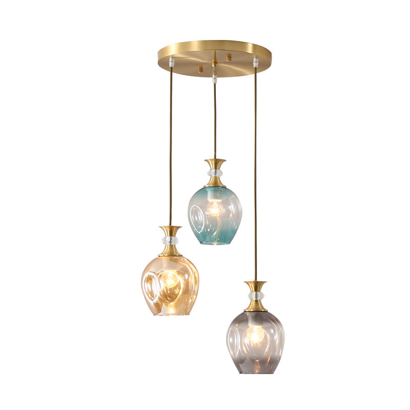 Modern Dimpled Glass Cluster Pendant Light - Gold Tulips 3-Headed Tan-Blue-Grey Ceiling Lamp