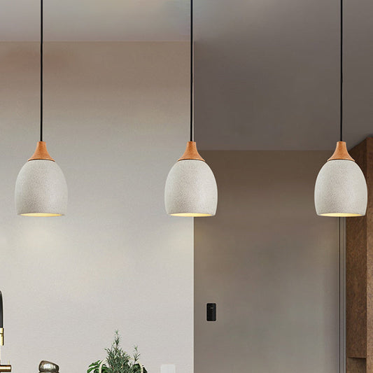 Nordic Domed Cement Pendant Light with Wood Top for Coffee Shops - Light Grey (1 Bulb)
