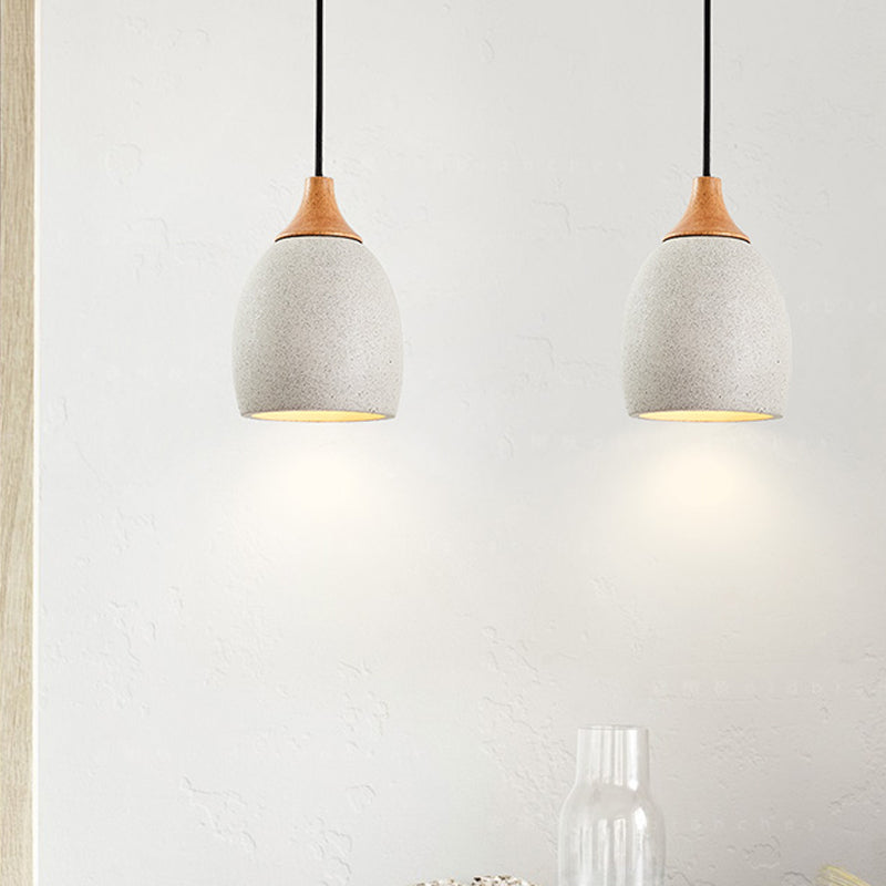 Nordic Domed Cement Pendant Light with Wood Top for Coffee Shops - Light Grey (1 Bulb)