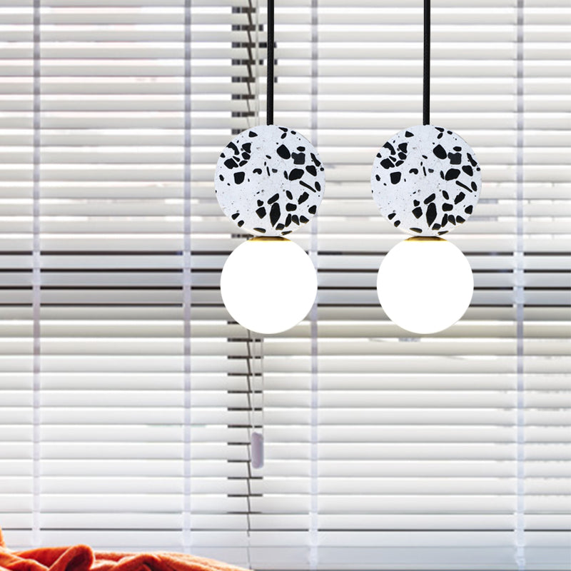 Modern Black Round LED Pendant Lamp with Marble Design and Modo White Glass Shade