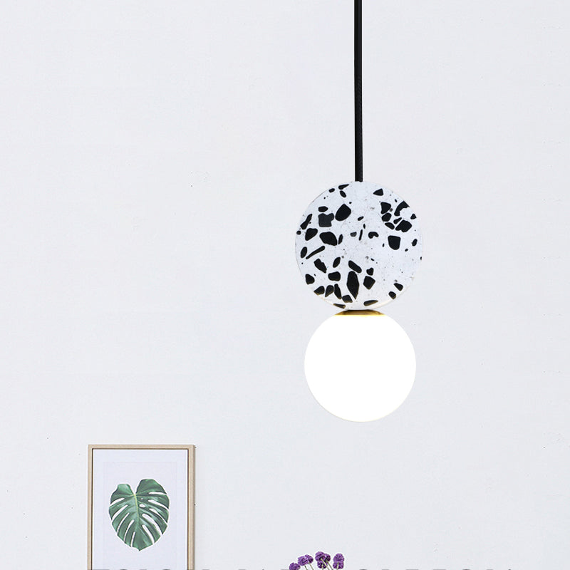 Modern Black Round LED Pendant Lamp with Marble Design and Modo White Glass Shade