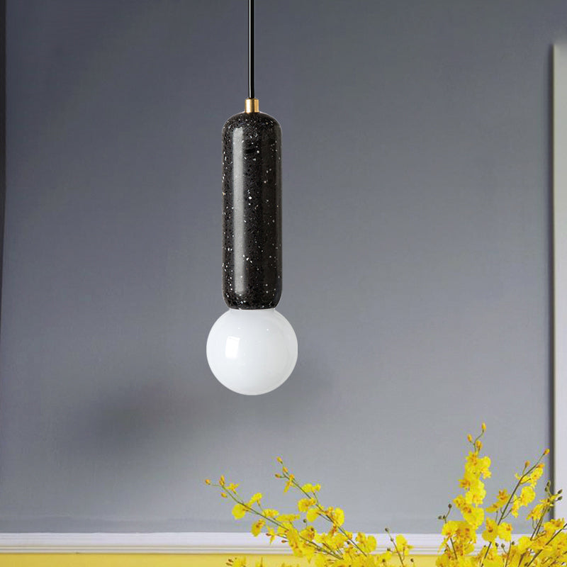 Minimalist Marble Capsule Pendant - Bedside Mini Hanging Lamp with Opal Glass Shade (White/Black)