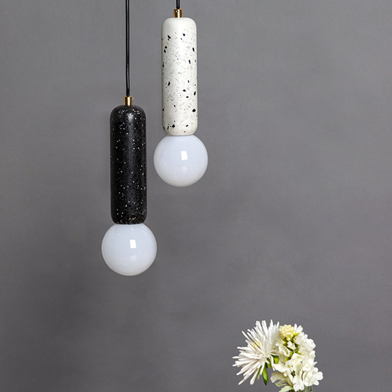 Minimalist Marble Capsule Pendant - Bedside Mini Hanging Lamp with Opal Glass Shade (White/Black)