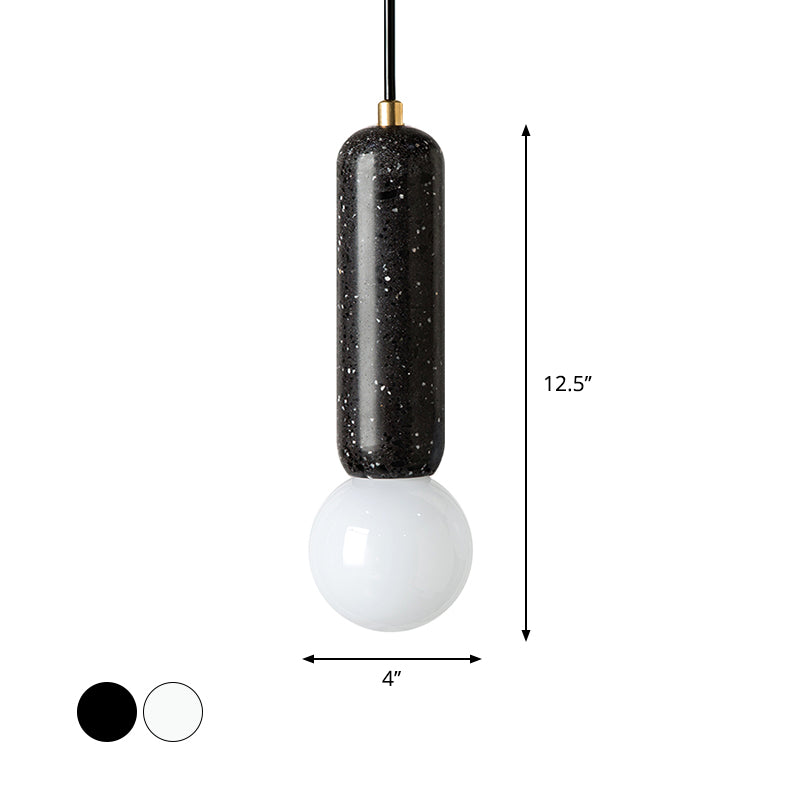 Minimalist Marble Capsule Pendant - Bedside Mini Hanging Lamp with Opal Glass Shade (White/Black)