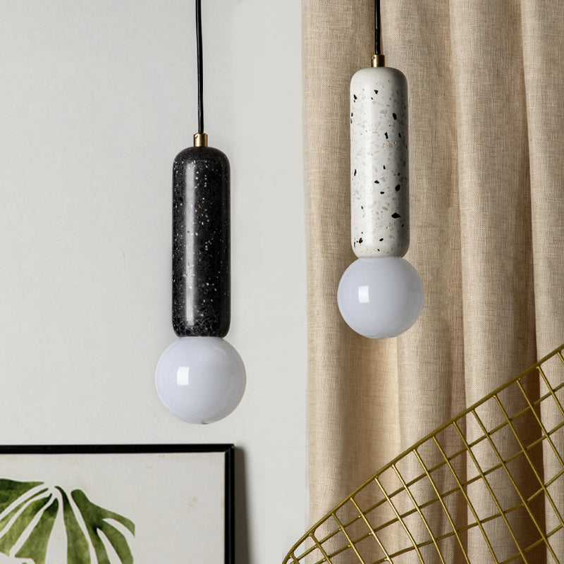 Minimalist Marble Capsule Pendant - Bedside Mini Hanging Lamp with Opal Glass Shade (White/Black)