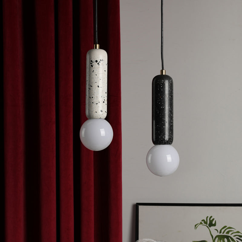 Minimalist Marble Capsule Pendant - Bedside Mini Hanging Lamp with Opal Glass Shade (White/Black)