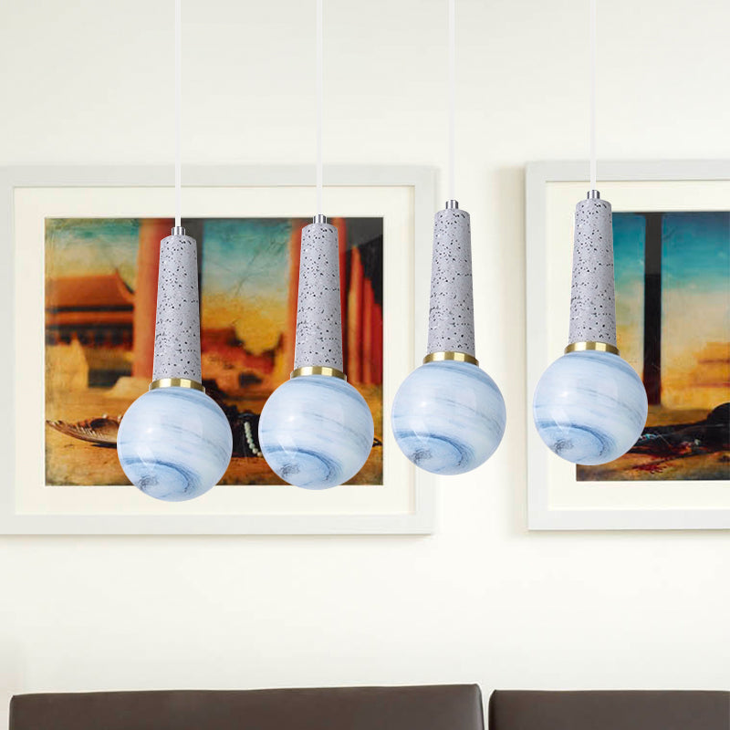 Modernist Pendant Lamp: Blue Planet Glass With Marble Top - Ball Coffee Shop Hanging Light (1 Head)