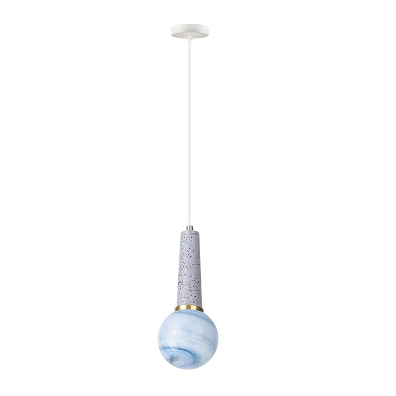 Modernist Pendant Lamp: Blue Planet Glass With Marble Top - Ball Coffee Shop Hanging Light (1 Head)