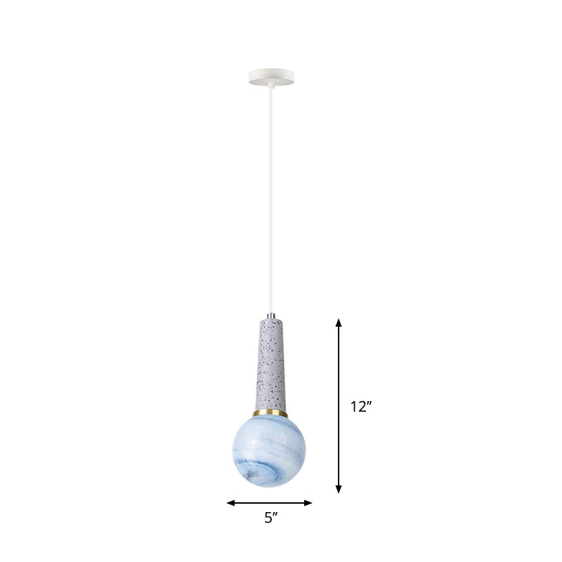 Modernist Pendant Lamp: Blue Planet Glass With Marble Top - Ball Coffee Shop Hanging Light (1 Head)