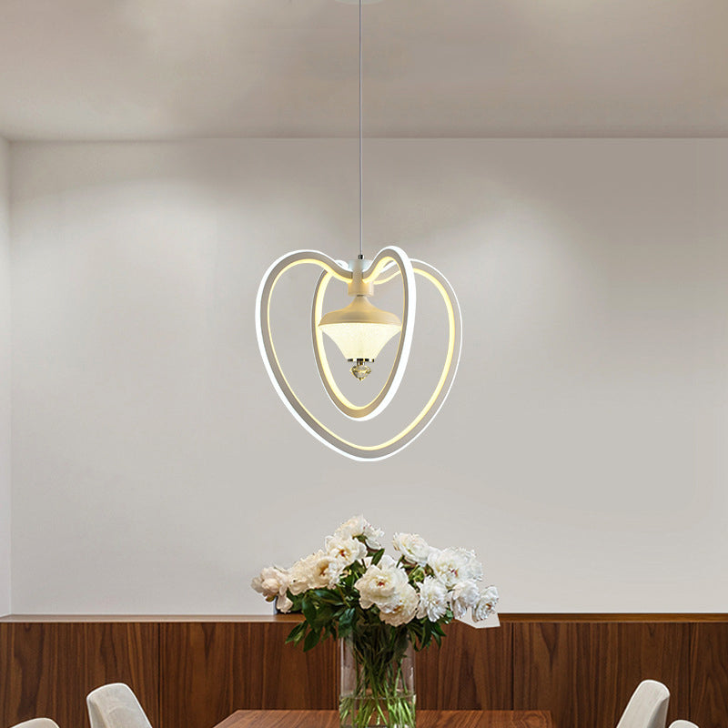 Heart Frame Acrylic LED Pendant Ceiling Light, White Hanging with Diamond Accent