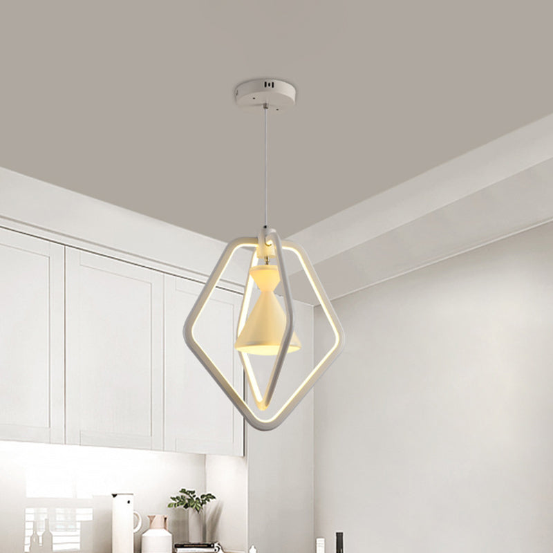 Modern White Led Acrylic Hanging Ceiling Lamp - Pentagon Frame & Hourglass Pendant For Dining Room