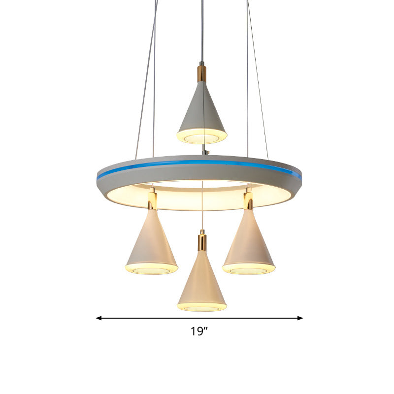 Modern Acrylic LED Pendant Light with Conical Shape and 4-Head Suspension, White Finish