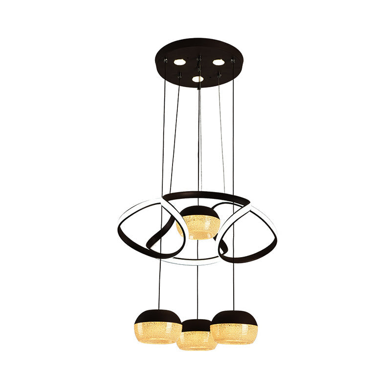 Minimalist Acrylic Oval LED Pendant Lamp with 4 Hanging Lights, Twisting Shelf, and Black Ceiling Mount