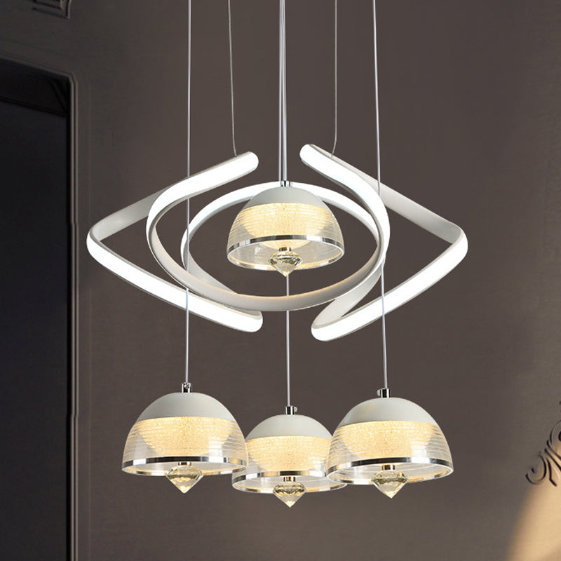 Contemporary White Domed Cluster Pendant: 4-Head Acrylic Waving Led Hanging Light