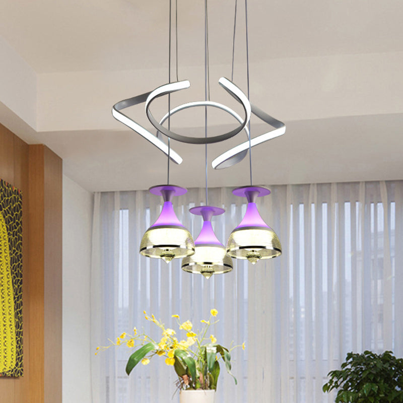 Contemporary 3-Light Wine Cup Pendant Cluster with White Waving Design - Acrylic Shade Included