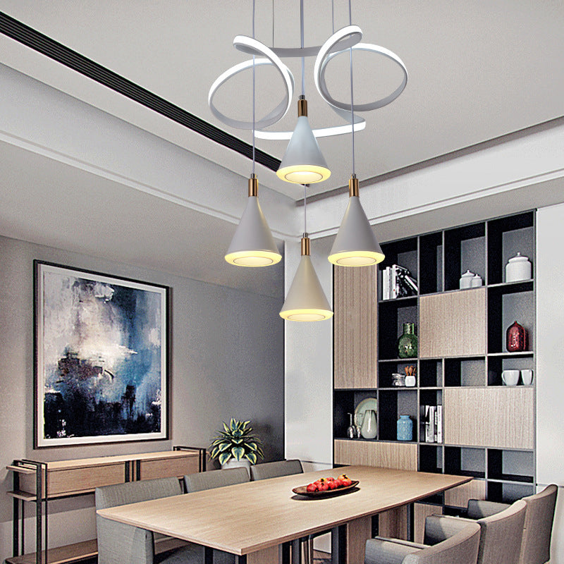 Modern 4-Light Grey LED Cone Acrylic Pendant Lamp with Strip Beam