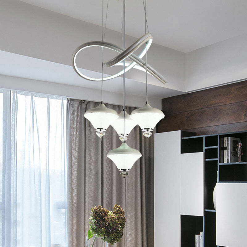 Modern LED Hanging Pendant Lamp with 4 Acrylic Heads and Strip Shelf - White, Ideal for Dining Room